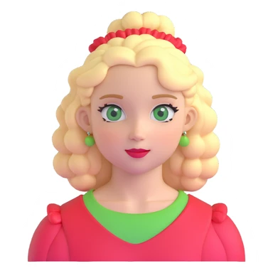 character with blonde, curly shoulder-length hair tied back with a red scrunchie, pale white skin, pale green eyes sticker