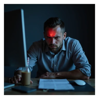 realistic exhausted man at desk late night, paperwork, energy drinks, glowing screen, fatigue, dark circles, slouched posture, faint red glow on head and gut, cold lighting, burnout health risk sticker
