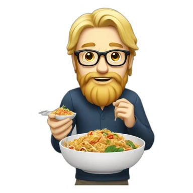 Tall long haired blonde man with beard and glasses eating thai food sticker