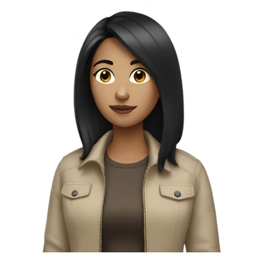 A girl with medium black hair wears a beige jacket sticker