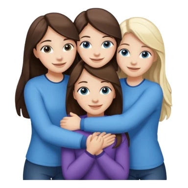 four white girlfriends hugging and smiling    2 girls with brown eyes and long dark brown hair. Two girls with blue eyes and light blonde hair sticker
