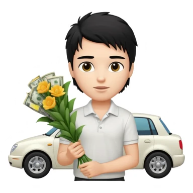 generate a pretty fair bratz boy with a messy mullet (black hair), wearing a white polo.  carrying a bouquet made of CASH. expensive car behind him sticker