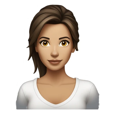 3/4 face, contrasted, shadow, light, Eva Longoria expression, standing from a distance, thin nose, brunette woman, hazel eyes, long eyelashes, dark shoulder shaded hair, white t-shirt, jeans, white sneakers sticker