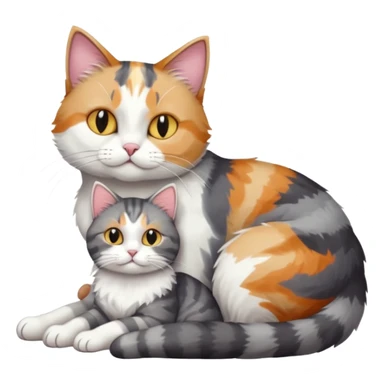 full body colourful light patched calico + white tabby cat cuddling a large grey and white cat  sticker