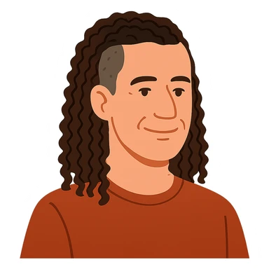 flat toon style white man in his 40s with long tight curly hair and short sides sticker