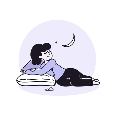 A person with closed eyes sleeping peacefully with a small crescent moon nearby. Warm, calming colors with blues and purples. Simple hand-drawn doodle style. sticker