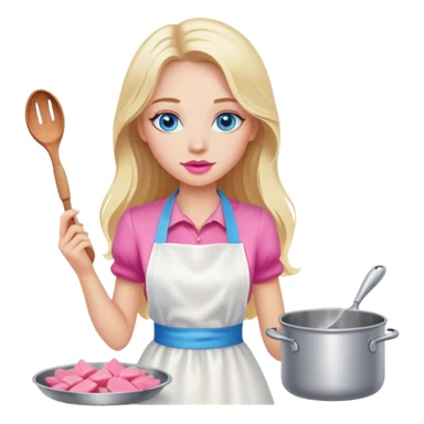 Cinematic realistic beautiful blonde with long hair, blue eyes and pink lips in a white dress cooks sticker