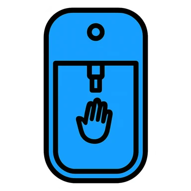 Create a clean, minimal emoji of a blue Touchland hand sanitizer bottle with a transparent background. Keep the recognizable shape and blue color, focusing on simplicity and clarity in a lineal color icon style with black outlines. sticker