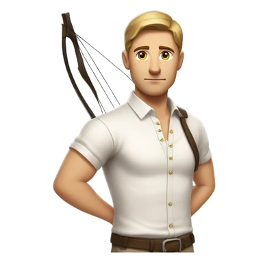 a male archer with a bow, wearing a white shirt, very short brown hair, bright skin, only show upper part of the body from waist up sticker