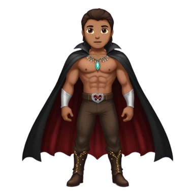 Vampire Hunter with long dark brown hair, dark brown sequin baggy pants, shirtless with necklace, dark brown sequin cape sticker