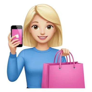 Blond influencer taking selfie with an iphone with one hand and a pink shopping bag in the other hand sticker