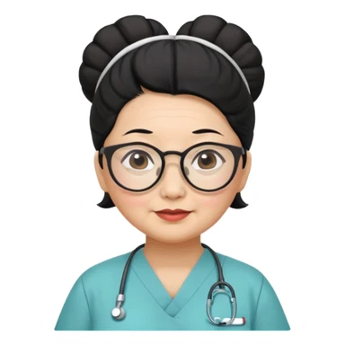 OLD ASIAN WOMAN WITH GLASSES, NURSE SCRUBS, HAIR BUN, BLACK HAIR, CHUBBY sticker