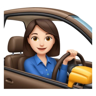 Brunette woman driving car like crazy. New car. Happy face confidence  sticker