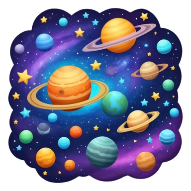 A cosmic scene with stars, planets, and galaxy sticker