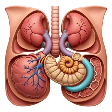 A highly detailed 3D anatomical model of the stomach of a human, including but not exclusive to the intestines, stomach, kidneys etc. Medical illustration style, realistic lighting, neutral background, hyper-detailed, scientific accuracy, 8K resolution sticker