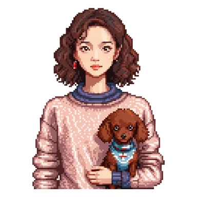 Asian woman with dark brown hair and eyes, in a knit jumper, with a small red poodle by her side sticker