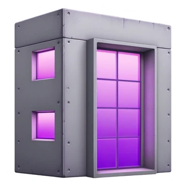 Minimalist gray concrete panel building with one window glowing bright purple from grow lights inside, simple rectangular structure sticker