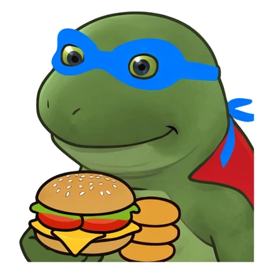 ninja turtle wearing blue eye mask with burger sticker