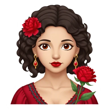 A Gypsy-origin woman with dark wavy hair, a single red carnation behind one ear, and a confident gaz sticker