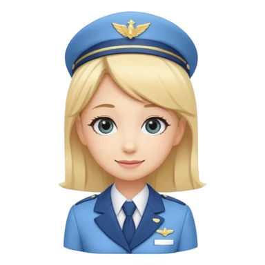 Cute emoji-style Japanese flight attendant, blonde hair, pastel blue airline uniform, kawaii cartoon style, big eyes, simple clean lineart, pastel colors, chibi proportions, friendly smile, sticker/emoji, transparent background sticker