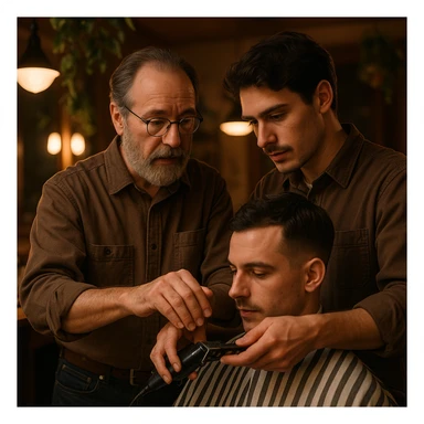Inside a cozy barbershop with soft lighting, an experienced barber gently teaches his apprentice, guiding his hands as they cut hair together. The room is filled with warmth, plants hanging from the ceiling, and the hum of clippers sticker