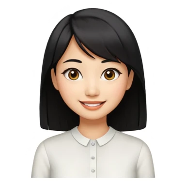 30 yr old asian woman center parted hair big eyes big smile tanned skin straight black hair hippie part hair white blouse shoulder length hair middle parted hair few short bangs at front trendy hair sticker