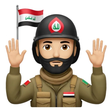 surrenders, depicts an Iraqi soldier from 1980, with a beard, in a helmet, a helmet with sign flag Iraq, with a balaclava, with sad eyes and both hands raised up sticker