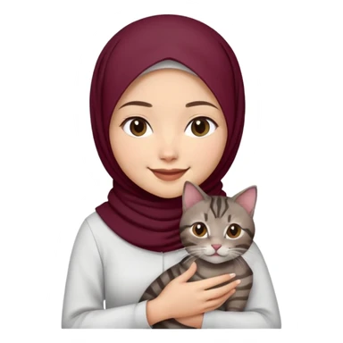 Asian white Girl wearing dark maroon hijab with white shirt smiling while holding a black brown grey tabby cat sticker