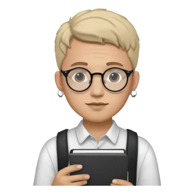 A man in his 20s wearing an apnotebook, wearing radio earrings, round glasses, achromatic clothes sticker