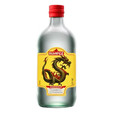 clear bottle of rumpleminze alcohol with a yellow dragon on a black and red label sticker