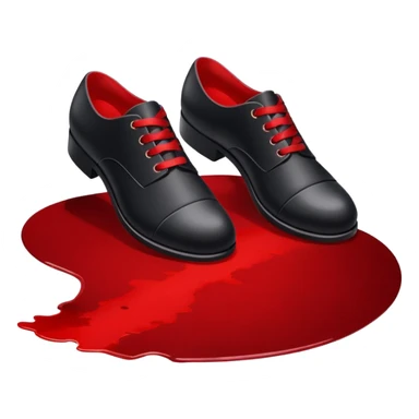 Minimalist emoji-style sticker of two black shoes standing on a red carpet that fades into a bloodstain. Flat, frontal design, simple icon composition. sticker
