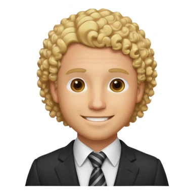 man in his 30s, curly blonde hair, wearing a suit and tie, warm smile sticker