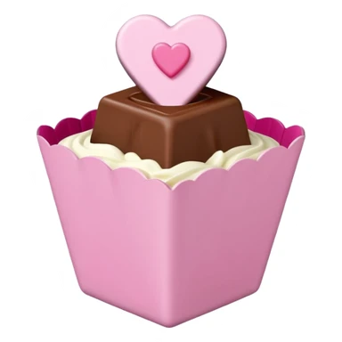 Two square milk chocolate , Each praline is a sharp-edged cube with smooth glossy chocolate coating, placed in a small white fluted paper candy cup. On top of each cube is a flat pastel pink heart-shaped icing sticker