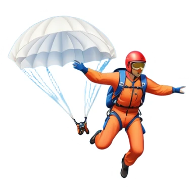 A base jumper soaring through the air, parachute deployed, flying off a steep mountain peak. The background is filled with majestic mountains, clear blue sky, and distant clouds, capturing the exhilarating thrill and beauty of extreme sports. sticker