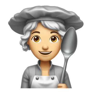 A full scale lady with a cooking hat and giant cooking spoon her hair is grey, and she stands in front of the camera and smiles sticker