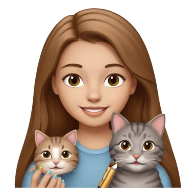A image of a girl with light long brown hair doing her makeup with her grey tabby cat. She is smiling sticker