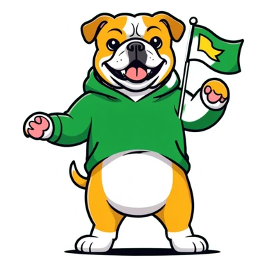 A bulldog wearing a green sweatshirt holding a little green flag sticker