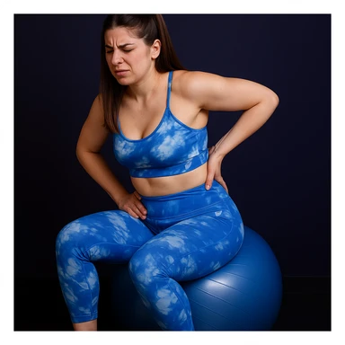 Slim woman in 4K, sitting on an exercise ball, trying to stretch her back but stopping, one hand on lumbar area and the other on hip, tense face from pain, inspired by the reference photo. sticker