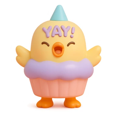chick in cupcake costume shouting “Yay!”, vinyl figure style sticker
