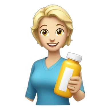 Happy blonde Mom holding pill bottle, short hair, blue shirt sticker