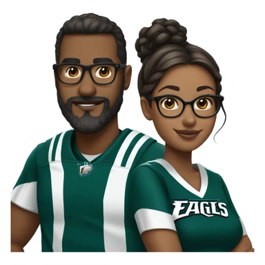 Brown skin couple in Philadelphia Eagles clothing guy has a beard and mustache girl has glasses and her hair in a bun sticker