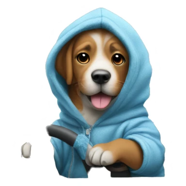 Dog wearing a hoodie driving a ca while having blue fur sticker