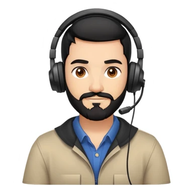 A person with black hair, brown eyes, and a black beard wearing a gaming headset with a thankful expression sticker