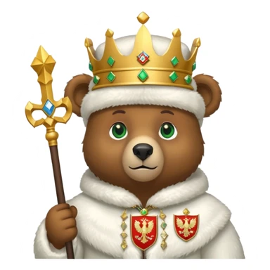 Adorable brown bear with green eyes, white ushanka hat featuring very clear and accurate Russian Federation double-headed eagle coat of arms with crowns and scepter, iOS emoji style sticker