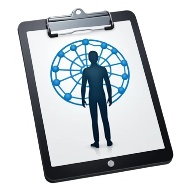 clipboard with a person silhouette and a neural network symbol sticker