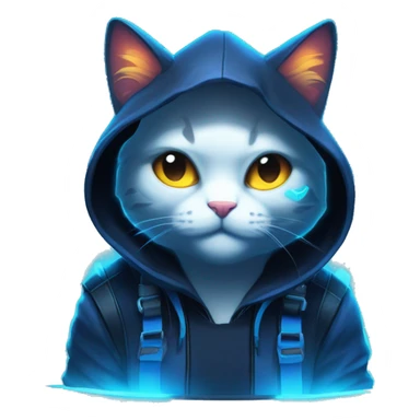Side view developer cat behind his laptop with this style : Riot Games Valorant neon glowing bright blue character blue black hooded assassin themed character sticker