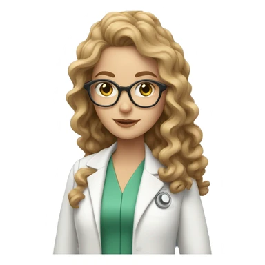 White girl with green eyes and light brown curly long hair with glasses in a dr white coat sticker