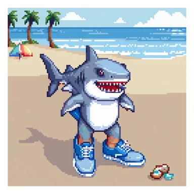 shark with blue shoes at the beach sticker