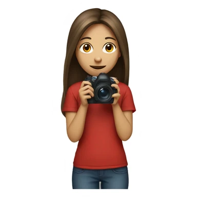 girl with brown long hair in red t-shirt holding a camera sticker