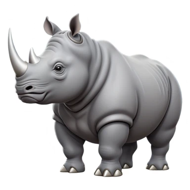 cinematic-rhino-full-body-standing-emoji,slate grey skin -massive-body-poised-powerfully,-thick-horn-curving-slightly-forward,-head-tilted-dramatically,-rough-grey-hide-covered-in-dust,-simplified-focused-features, sticker
